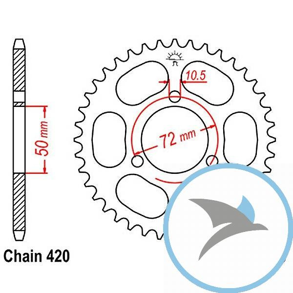 Kettenrad 47Z Teilung 420 Innendurchmesser 050 Lochkreis 072 - JTR216.47