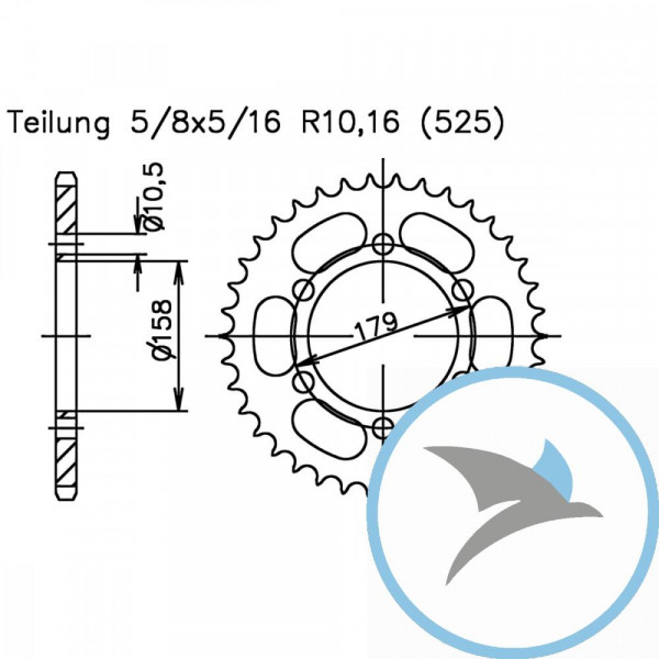 Kettenrad 45Z Teilung 525 schwarz Innendurchmesser 158 Lochkreis 179