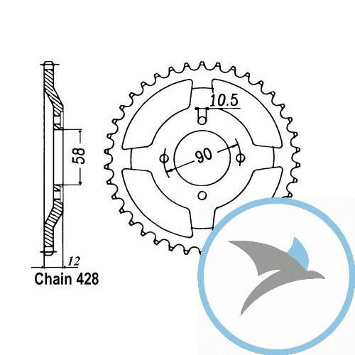 Kettenrad 50Z Teilung 428 Innendurchmesser 058 Lochkreis 090 - JTR271.50