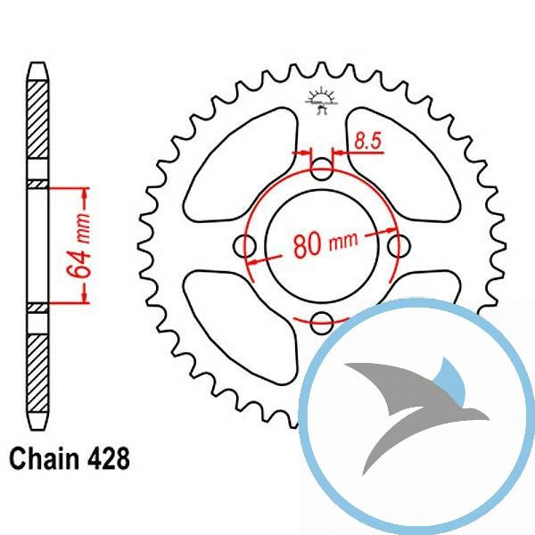 Kettenrad 31Z Teilung 428 Innendurchmesser 064 Lochkreis 080 - JTR838.31