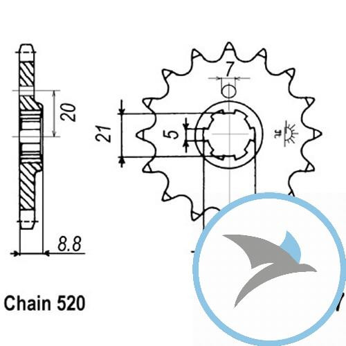 Ritzel 15Z Teilung 520 grobverzahnt 5 Innendurchmesser 21/25 - JTF507.15