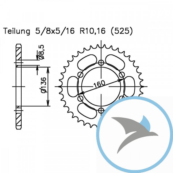 Kettenrad 41Z Teilung 525 Innendurchmesser 136 Lochkreis 160