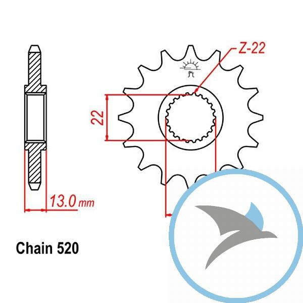 Ritzel 16Z Teilung 520 feinverzahnt Innendurchmesser 22/24 - JTF1126.16