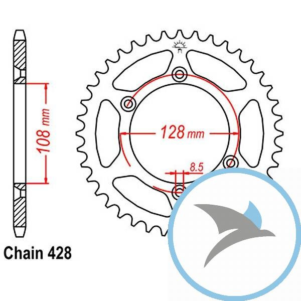 Kettenrad 57Z Teilung 428 Innendurchmesser 108 Lochkreis 128 - JTR797.57