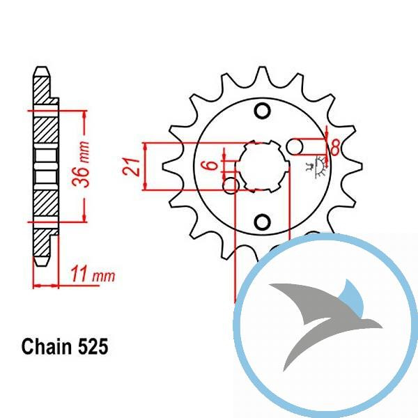 Ritzel 14Z Teilung 525 grobverzahnt 6 Innendurchmesser 21/25 - JTF290.14