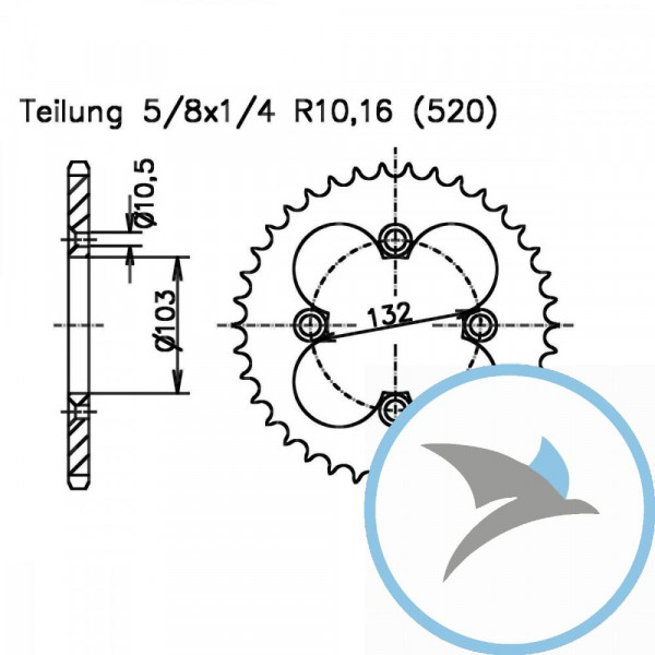 Kettenrad 35Z Teilung 520 schwarz Innendurchmesser 103 Lochkreis 132