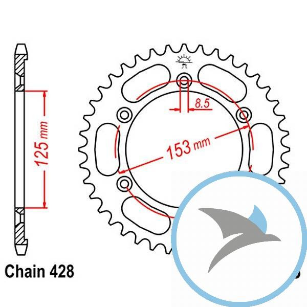 Kettenrad 54Z Teilung 428 Innendurchmesser 125 Lochkreis 153 - JTR1258.54