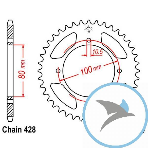 Kettenrad 45Z Teilung 428 Innendurchmesser 080 Lochkreis 100 - JTR1794.45