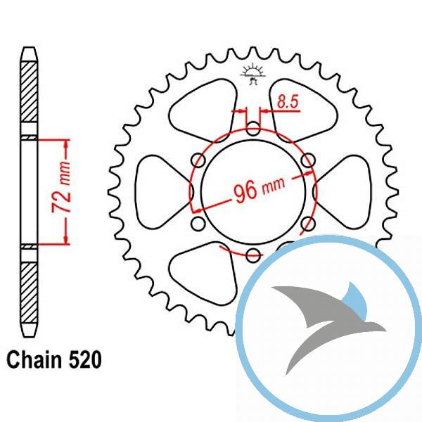 Kettenrad 42Z Teilung 520 Innendurchmesser 072 Lochkreis 096 - JTR820.42