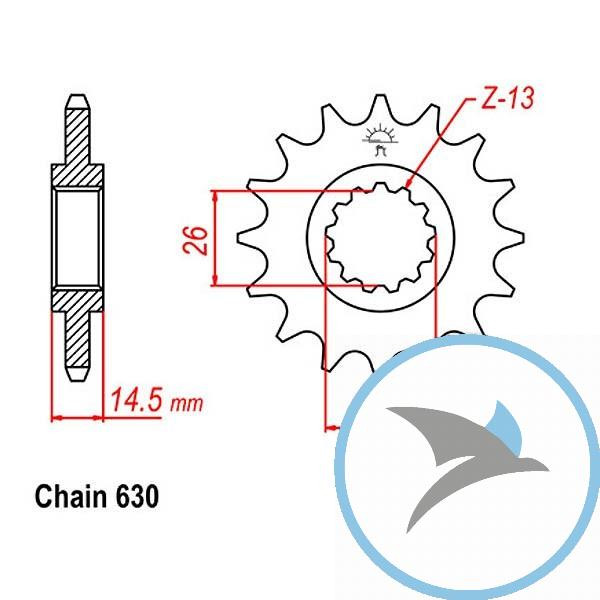 Ritzel 15Z Teilung 630 feinverzahnt Innendurchmesser 26/30 - JTF330.15