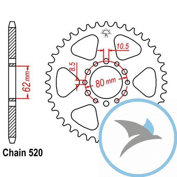 Kettenrad 41Z Teilung 520 Innendurchmesser 062 Lochkreis 080 - JTR845.41