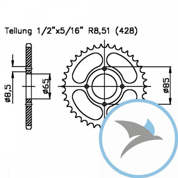 Kettenrad 41Z Teilung 428 schwarz Innendurchmesser 64.4 Lochkreis 085