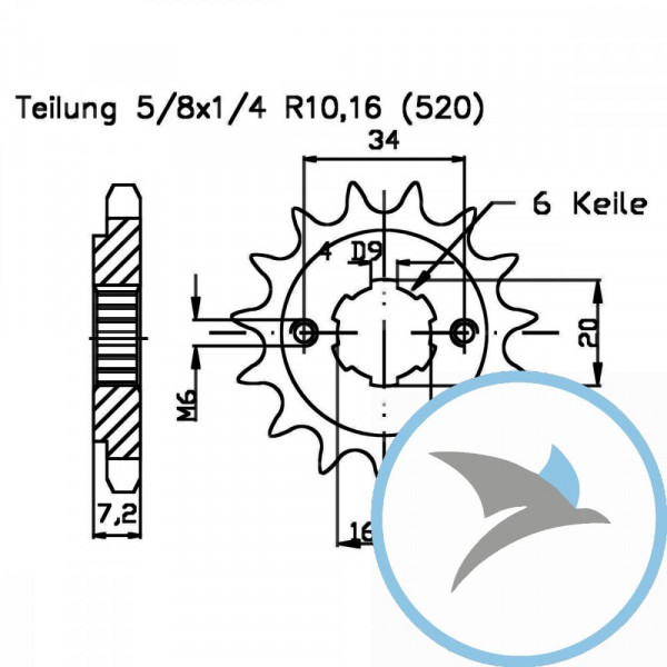 Ritzel 13Z Teilung 520 grobverzahnt 6 Innendurchmesser 16.2/20