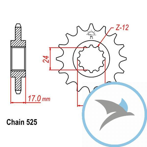 Ritzel 15Z Teilung 525 feinverzahnt Innendurchmesser 24/28 - JTF1371.15