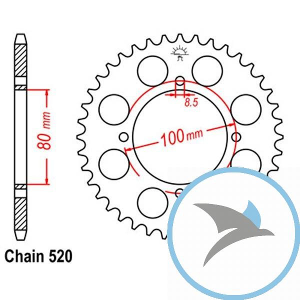 Kettenrad 39Z Teilung 520 Innendurchmesser 080 Lochkreis 100 - JTR819.39