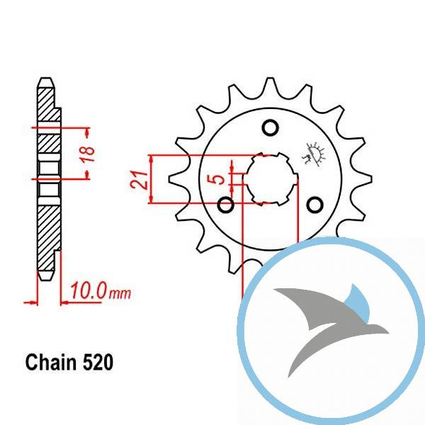 Ritzel 15Z Teilung 520 grobverzahnt 5 Innendurchmesser 21/25 - JTF438.15