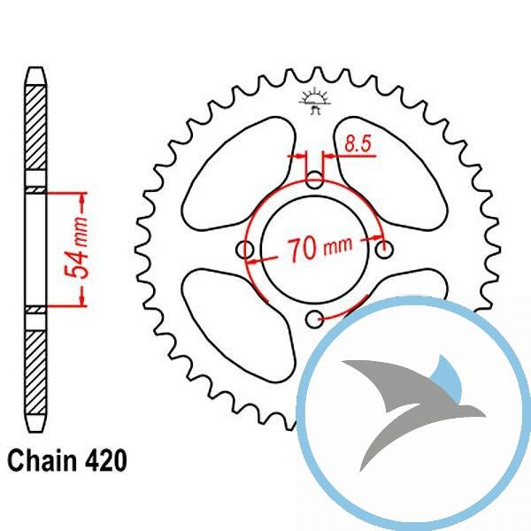 Kettenrad 34Z Teilung 420 Innendurchmesser 054 Lochkreis 070 - JTR257.34