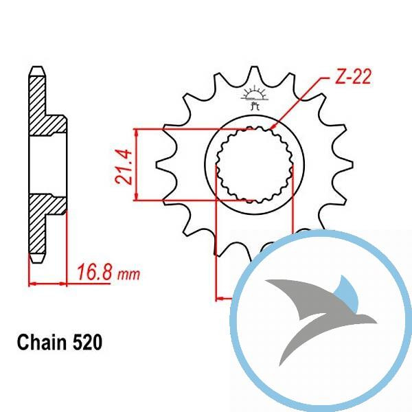 Ritzel 16Z Teilung 520 feinverzahnt Innendurchmesser 21.3/23 - JTF582.16