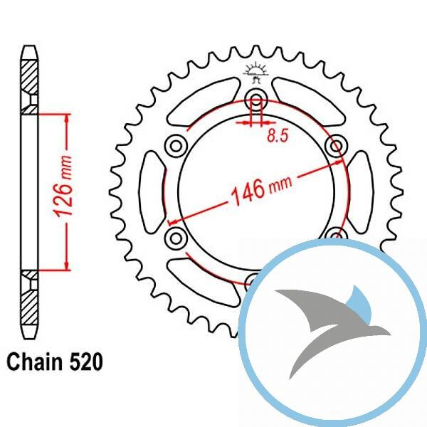 Kettenrad 52Z Teilung 520 Innendurchmesser 126 Lochkreis 146 - JTR808.52